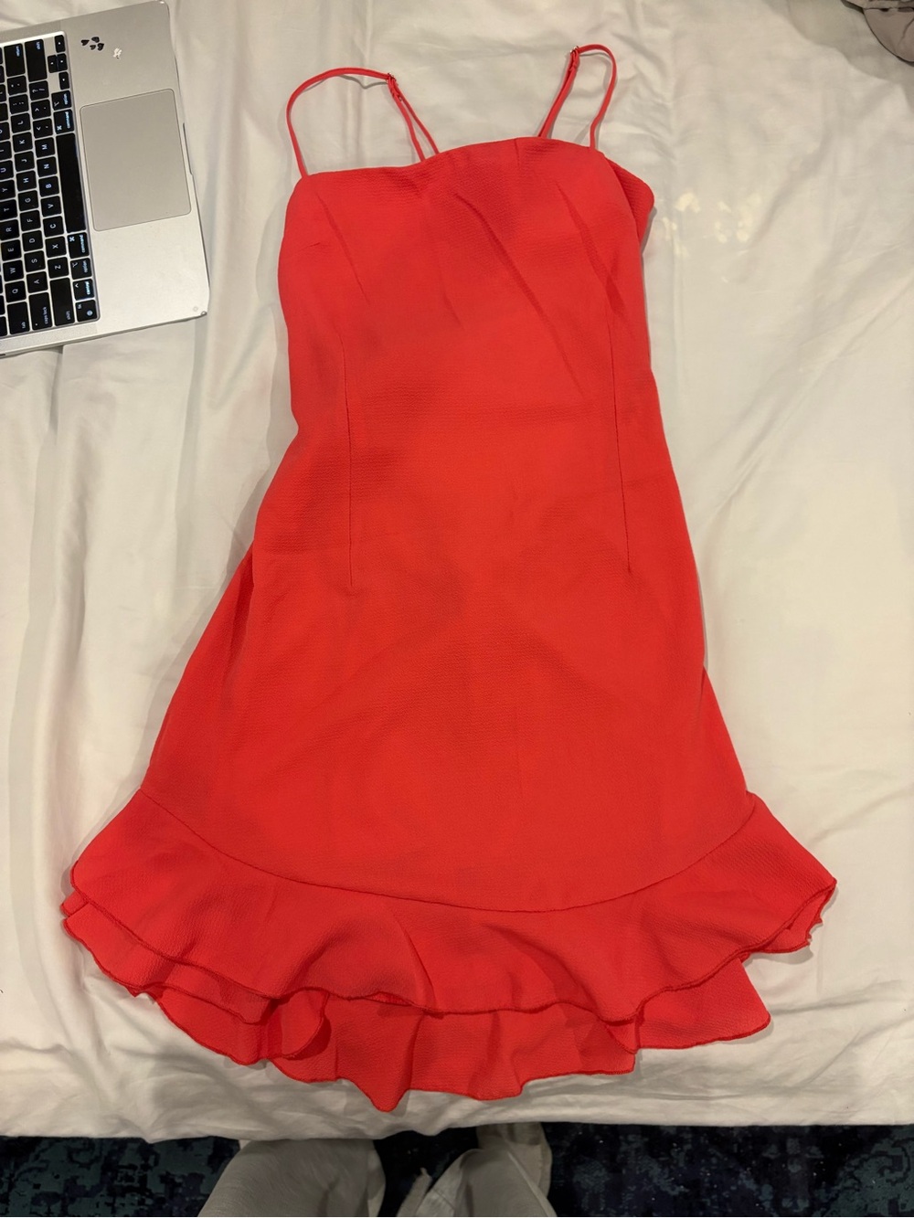 Lucy in the Sky Coral Red Ruffle-Hem Mini Dress